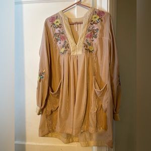 Free People Mia Embroidered Velvet Natural Tunic Dress - Size S